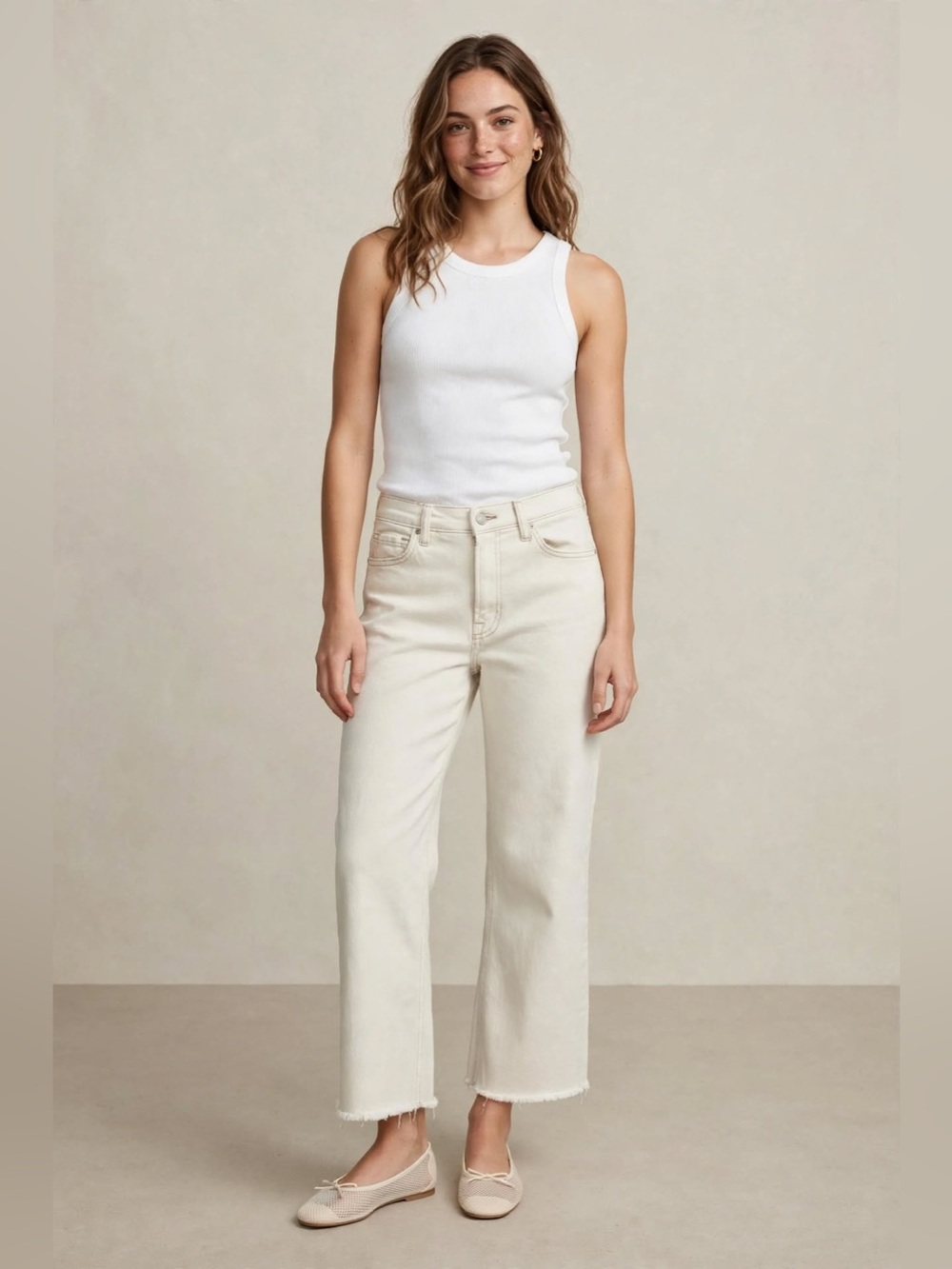 MNG by Mango Sienna Jeans 8 Ecru Wide Leg Cropped Raw Hem High Rise - Off White